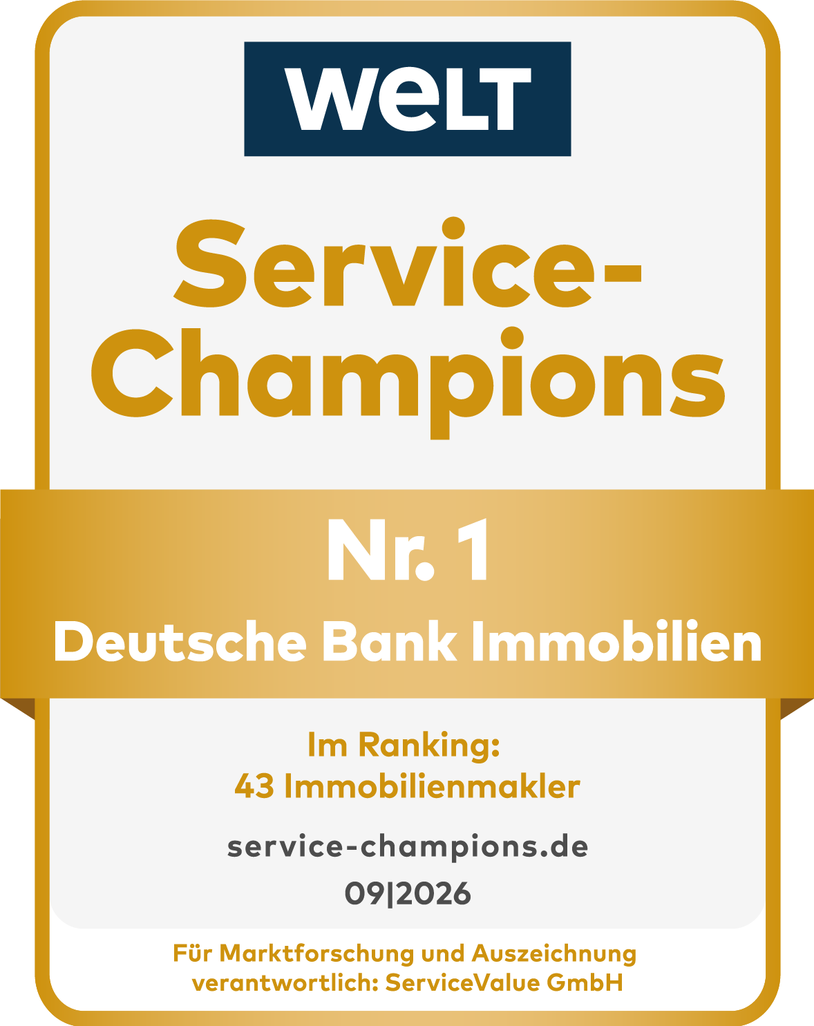 Aktuelle Auszeichnung Service Champion für Deutsche Bank Immobilien von "WELT" 