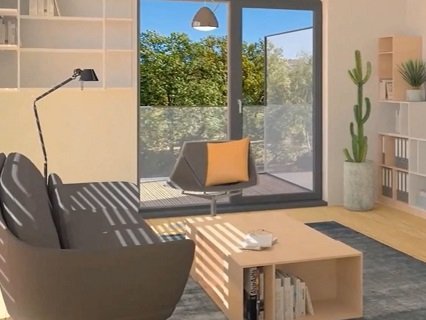 Visualisierung eines modern eingerichteten Kinderzimmers mit einem Mix aus beigen und weißen Möbeln.