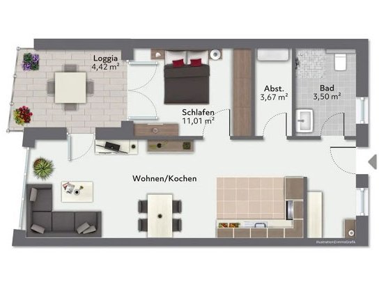 Grundrissbeispiel einer 2-Zimmerwohnung, coloriert, Der Grundriss ist nicht maßstabsgerecht.