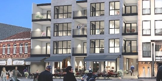 Visualisierung eines modernen Mehrfamilienhauses. Personen laufen im Vordergrund vorbei.