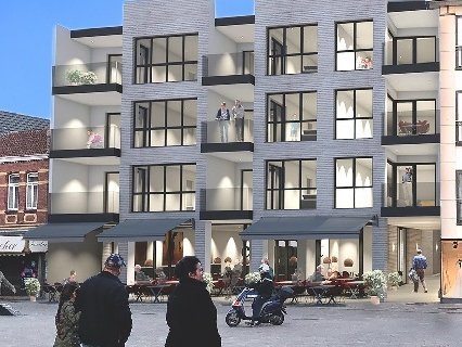 Visualisierung eines modernen Mehrfamilienhauses. Personen laufen im Vordergrund vorbei.