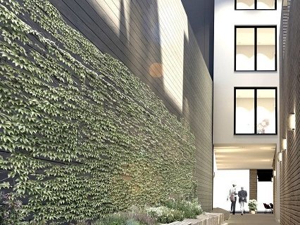 Visualisierung einer modernen Passage mit Efeu bewachsener Wand